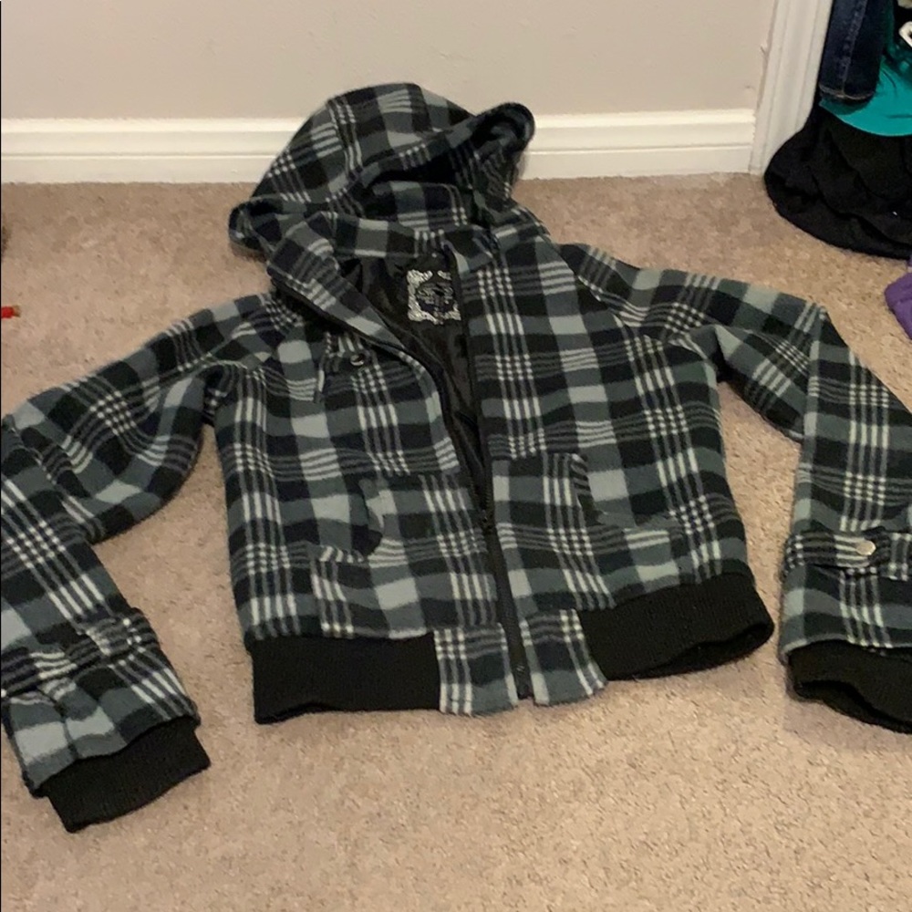 Black and gray plaid zip up hooded, lined jacket